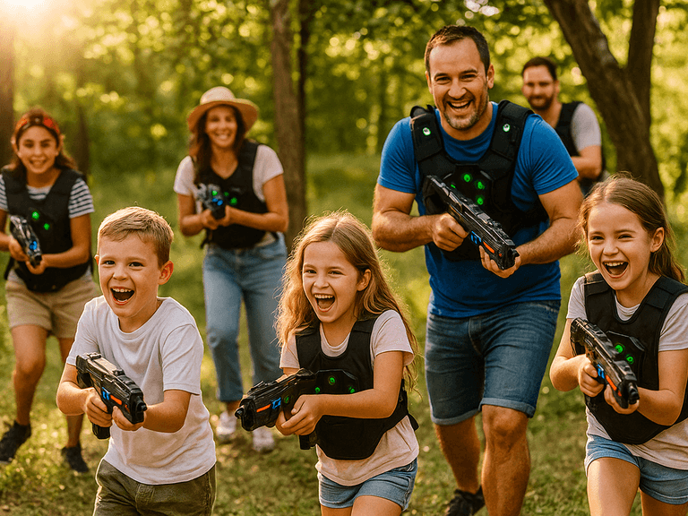 Kinderen en volwassenen spelen lasergame in een bos met laserguns zoals van Verhuurwinkel.nl, sommigen dragen vesten, anderen niet, in warm zonlicht.