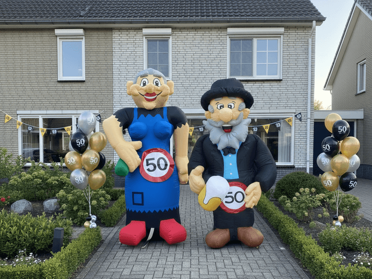 Grote opblaaspoppen van Abraham en Sarah met feestdecoratie in de tuin, inclusief ballonnen en slingers, ter ere van een 50e verjaardag.
