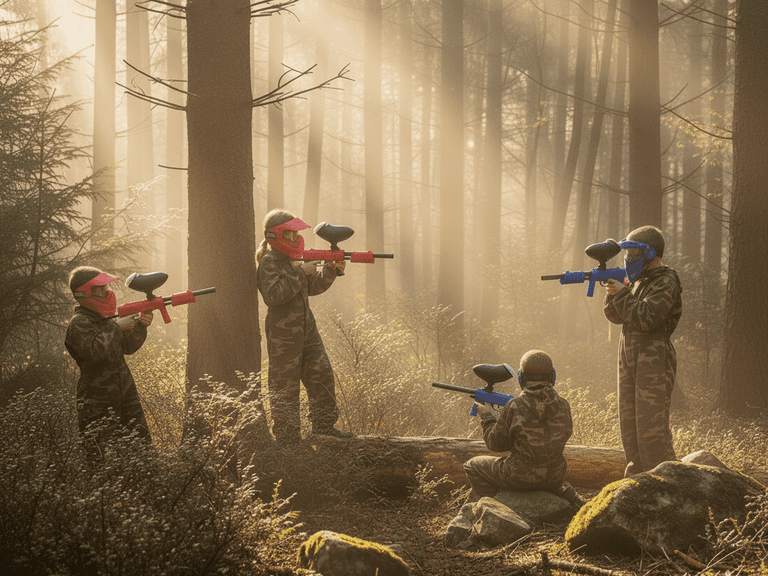 Vier kinderen in camouflagekleding en paintballuitrusting